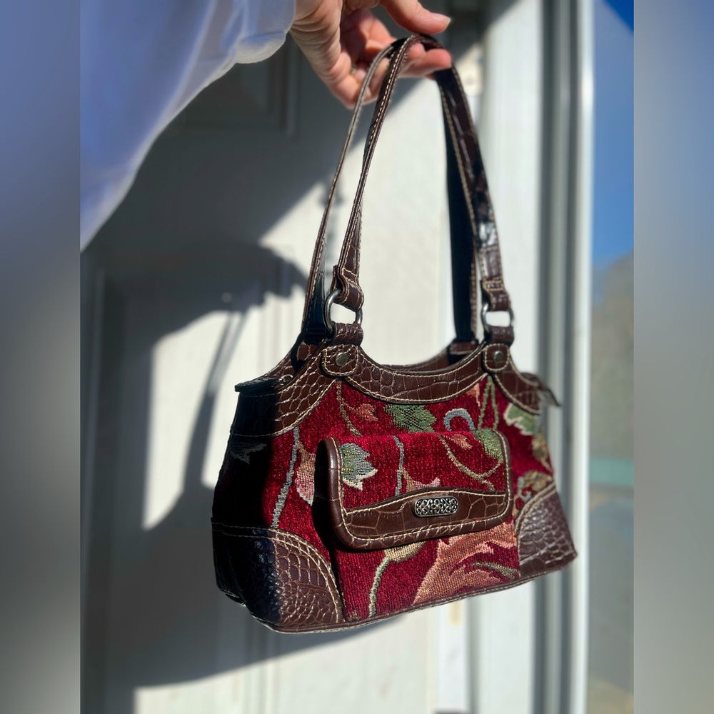 VTG Y2K Cottagecore Maroon Carpet Bag Tapestry purse w/ brown Croc faux leather